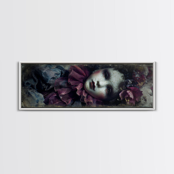 Cracked Porcelain Doll Portrait Framed Canvas Print, Dark Art, Contemporary Art, Living Room Decor, Fine Art, Nocturne, DAR-3x1-63