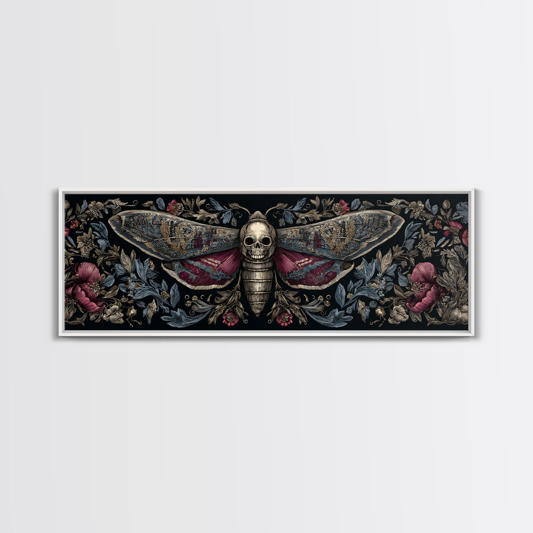 Moth with Skull Pattern on Black Ground Framed Canvas Print, Dark Art, Statement Artwork, Living Room Decor, Fine Art, Nocturne, DAR-3x1-7