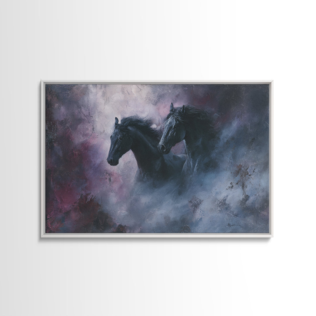 Black Horse Emerging from Smoke Framed Canvas Print, Dark Art, Weird Art, Living Room Decor, Fine Art, Nocturne, DAR-3x2-23