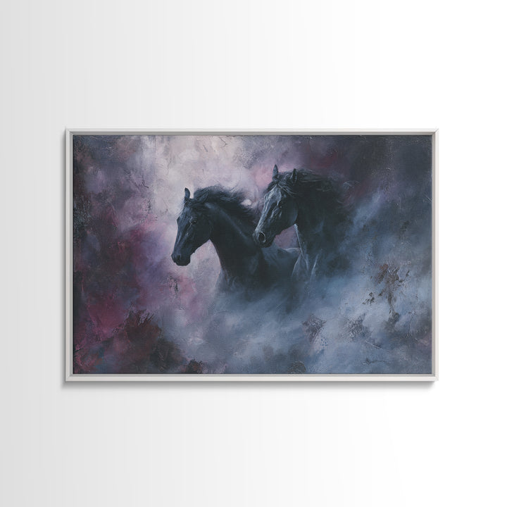 Black Horse Emerging from Smoke Framed Canvas Print, Dark Art, Weird Art, Living Room Decor, Fine Art, Nocturne, DAR-3x2-23