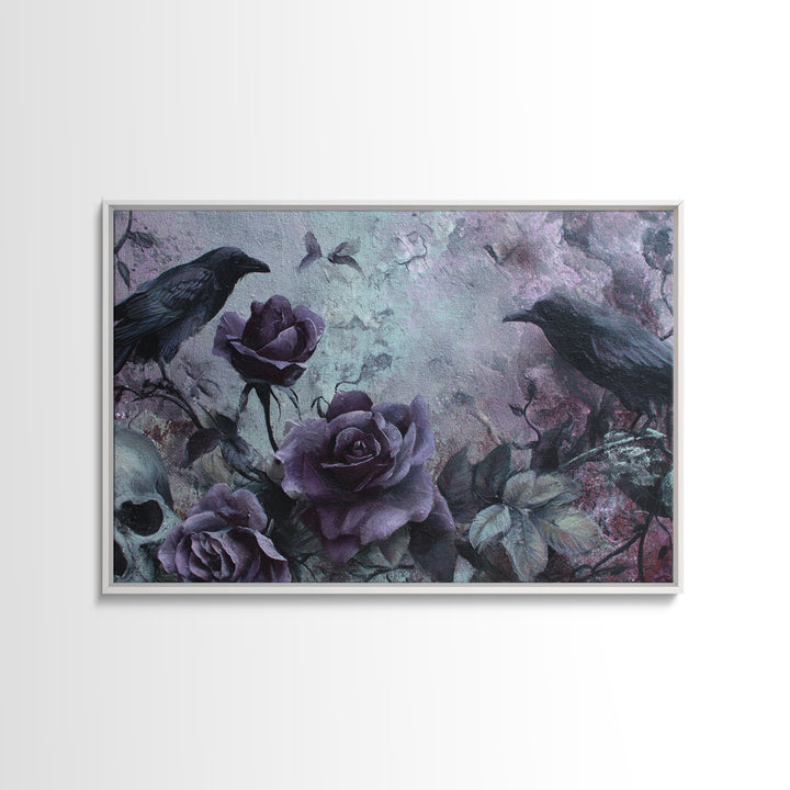Black Roses Blooming from Cracked Stone Canvas Print, Dark Art, Horror Decor, Living Room Decor, Nocturne, Statement Artwork, DAR-3x2-30