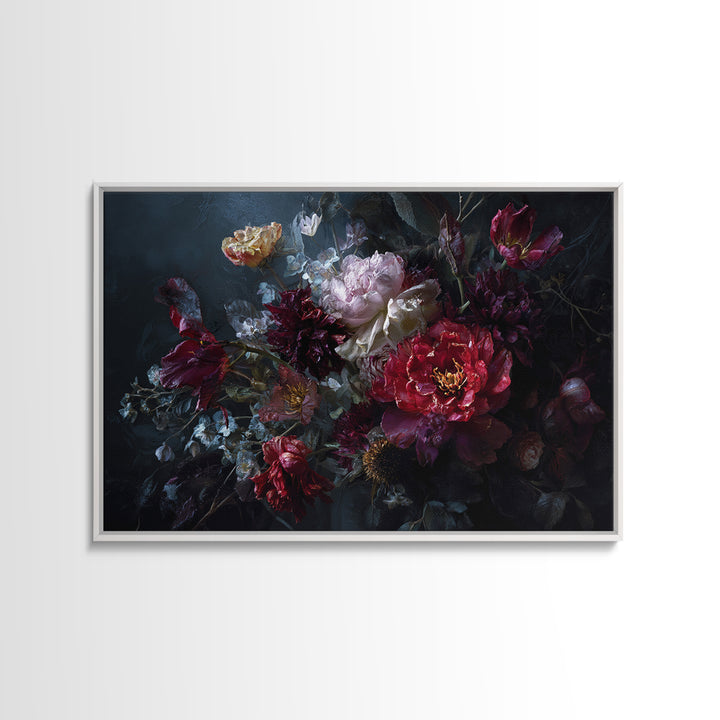 Dark Floral Bouquet Framed Canvas Print, Dark Art, Gallery Decor, Living Room Decor, Fine Art, Nocturne, Wall Art, Home Decor, DAR-3x2-45