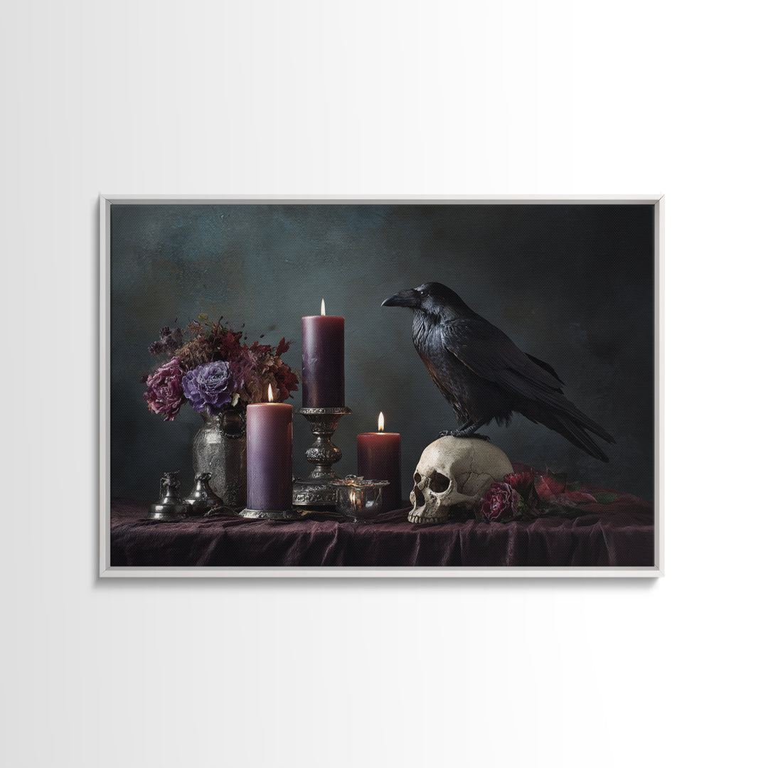 Raven Perched on a Skull Framed Canvas Print, Dark Art, Weird Art, Living Room Decor, Fine Art, Nocturne, Textured Painting, DAR-3x2-5