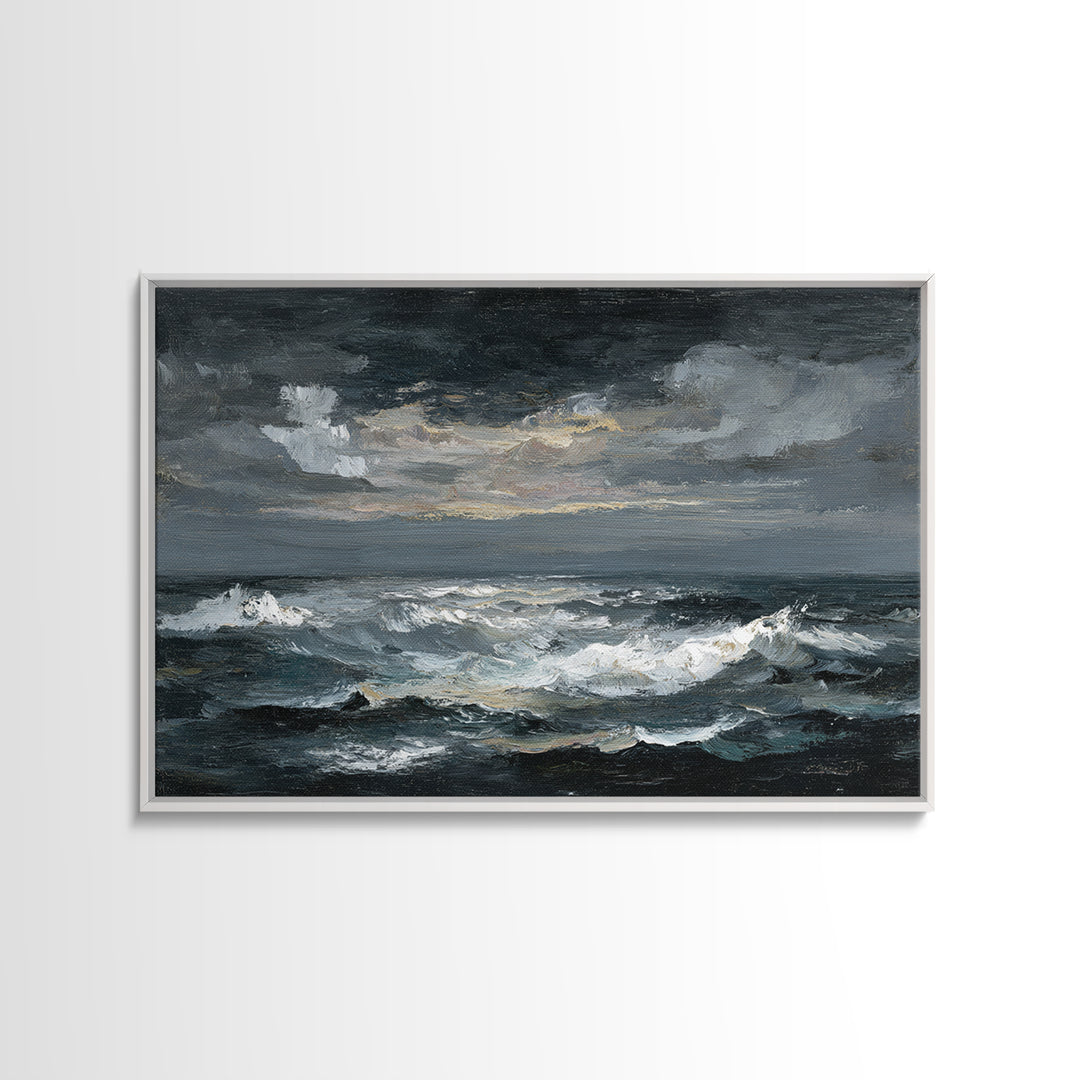 Stormy Sea under a Nearly Black Sky Framed Canvas Print, Dark Art, Fine Art Print, Living Room Decor, Fine Art, Nocturne, DAR-3x2-81
