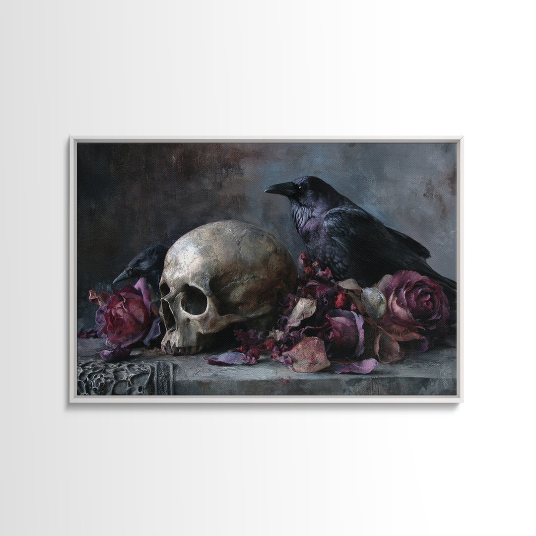 Baroque Skull and Red Velvet Vanitas Framed Canvas Print, Dark Art, Man Cave Decor, Living Room Decor, Fine Art, Nocturne, DAR-3x2-86