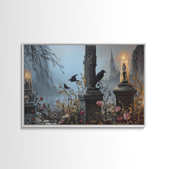 Silent Graveyard with Blue Moon Haze Canvas Print, Dark Art, Halloween Decoration, Living Room Decor, Abstract Art, Nocturne, DAR-3x2-94