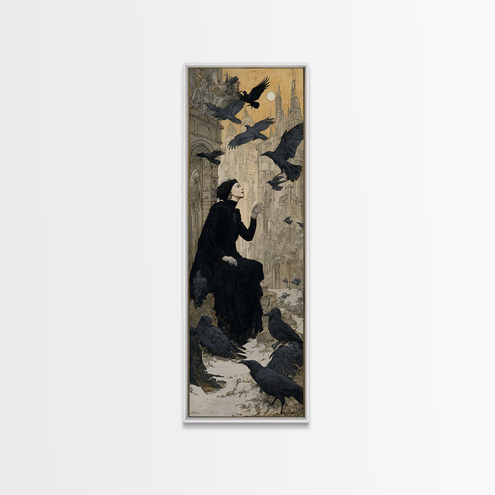 Ravens And Ruins, Symbolist Death Art, Tall Narrow Wall Art, Dark Halloween Decor, Canvas Print, Halloween Wall Art