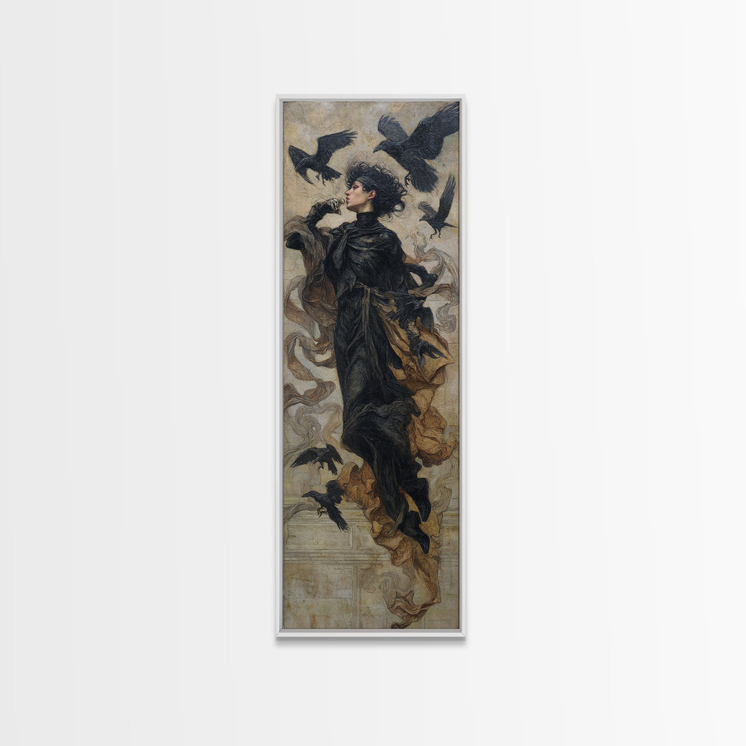 Ravens And Ruins, Dark Symbolist Art, Tall Narrow Wall Art, Dark Fantasy Wall Art, Framed Canvas Print, Halloween Wall Art