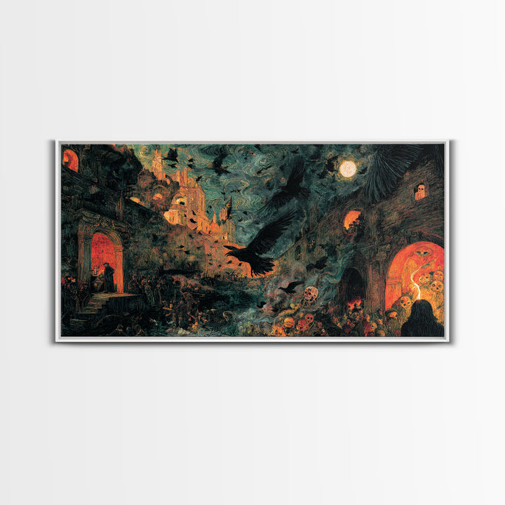 Ravens And Ruins, Grotesque Carnival Art, Wide Panoramic Art, Gothic Horror Wall Art, Framed Canvas Print, Halloween Wall Art