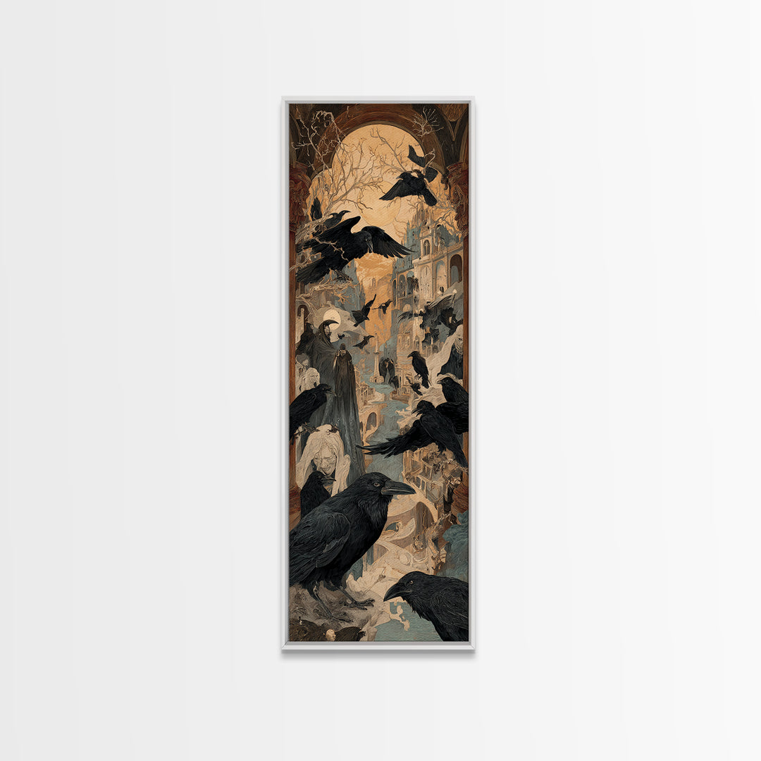 Ravens And Ruins, Expressionist Gothic Art, Tall Narrow Wall Art, Dark Halloween Decor, Framed Canvas Print, Halloween Wall Art