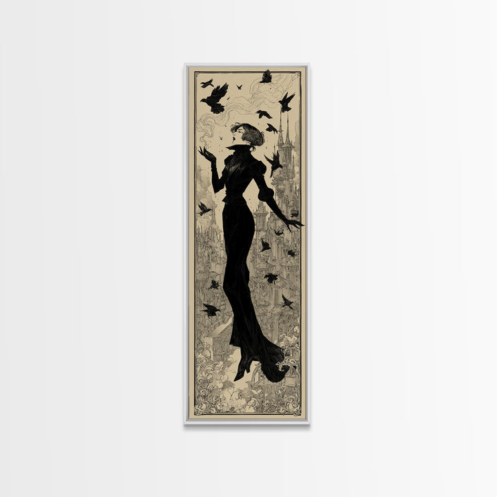 Ravens And Ruins, Decadent Line Art, Tall Narrow Wall Art, Dark Fantasy Wall Art, Framed Canvas Print, Halloween Wall Art