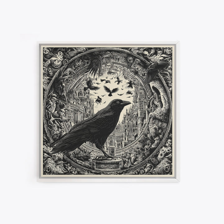 Ravens And Ruins, Macabre Folk Print Art, Square Wall Art, Dark Fantasy Wall Art, Canvas Print, Halloween Wall Art