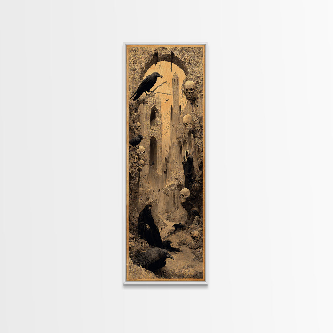 Ravens And Ruins, Surreal Apocalyptic Art, Tall Narrow Wall Art, Dark Halloween Decor, Canvas Print, Halloween Wall Art