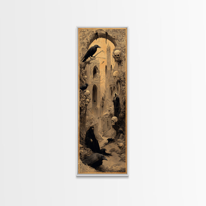 Ravens And Ruins, Surreal Apocalyptic Art, Tall Narrow Wall Art, Dark Halloween Decor, Canvas Print, Halloween Wall Art