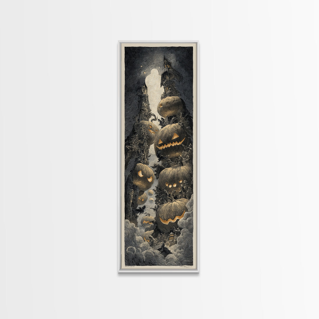 Pumpkins And Moon Phases, Gothic Engraving Art, Tall Narrow Wall Art, Macabre Wall Art, Canvas Print, Halloween Wall Art
