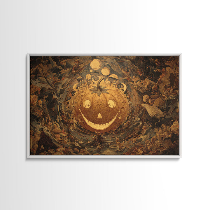 Pumpkins And Moon Phases, Medieval Grotesque Art, Landscape Wall Art, Macabre Wall Art, Framed Canvas Print, Halloween Wall Art
