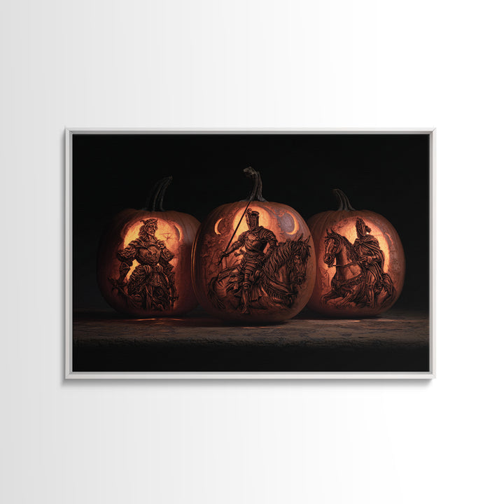 Pumpkins And Moon Phases, Renaissance Engraving Art, Landscape Wall Art, Macabre Wall Art, Framed Canvas Print, Halloween Wall Art