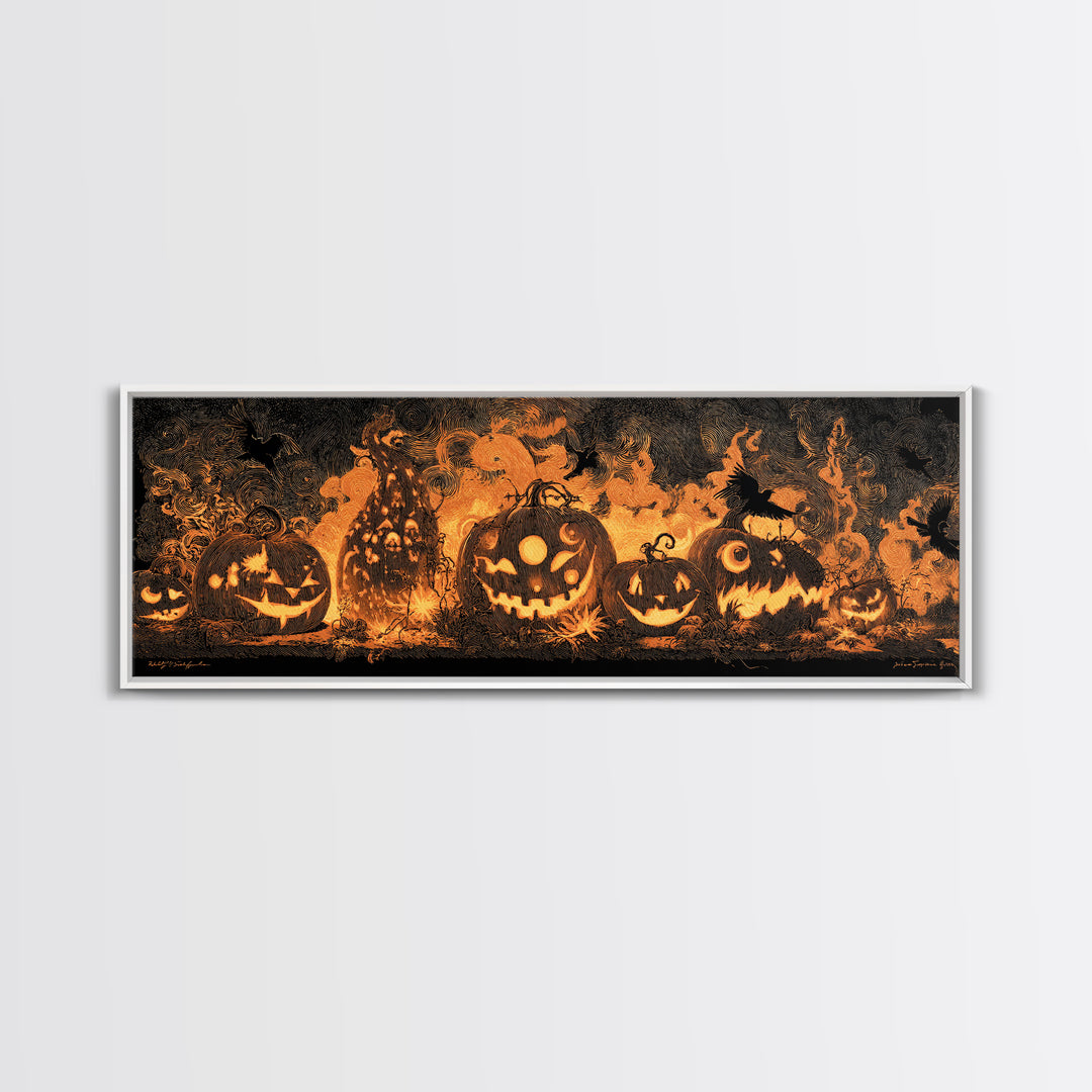 Pumpkins And Moon Phases, Dark Romantic Horror Art, Extra Wide Wall Art, Dark Halloween Decor, Canvas Print, Halloween Wall Art