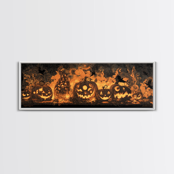 Pumpkins And Moon Phases, Dark Romantic Horror Art, Extra Wide Wall Art, Dark Halloween Decor, Canvas Print, Halloween Wall Art