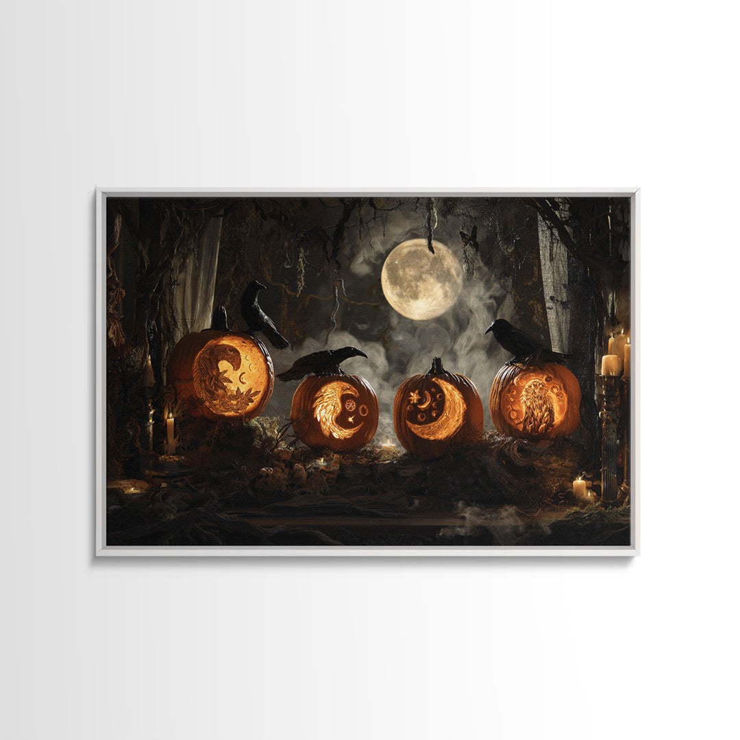 Pumpkins And Moon Phases, Visionary Gothic Art, Landscape Wall Art, Dark Halloween Decor, Framed Canvas Print, Halloween Wall Art