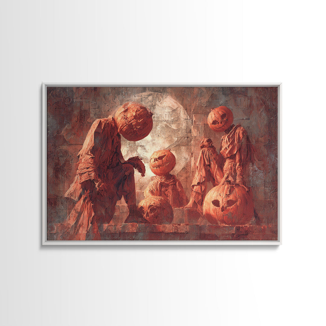 Pumpkins And Moon Phases, Architectural Etching Art, Landscape Wall Art, Gothic Horror Wall Art, Framed Canvas Print
