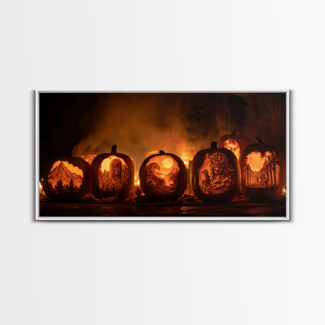 Pumpkins And Moon Phases, Apocalyptic Romantic Art, Wide Panoramic Art, Gothic Horror Wall Art, Framed Canvas Print, Halloween Wall Art