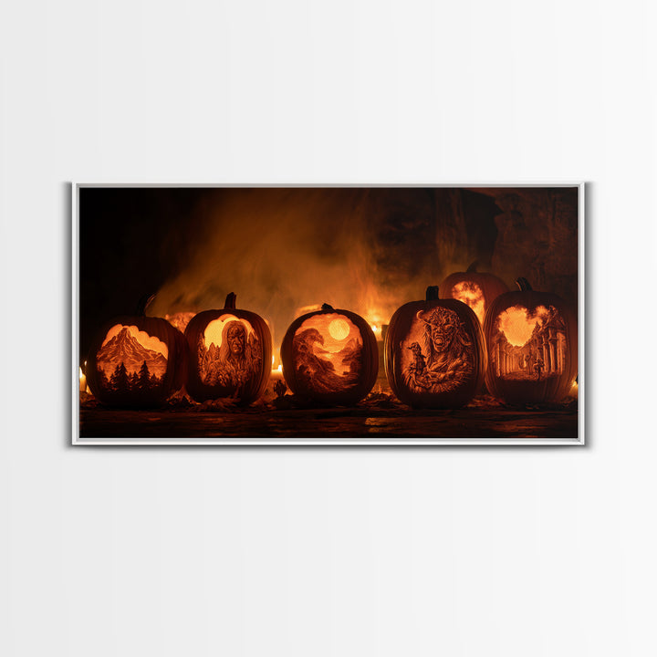 Pumpkins And Moon Phases, Apocalyptic Romantic Art, Wide Panoramic Art, Gothic Horror Wall Art, Framed Canvas Print, Halloween Wall Art