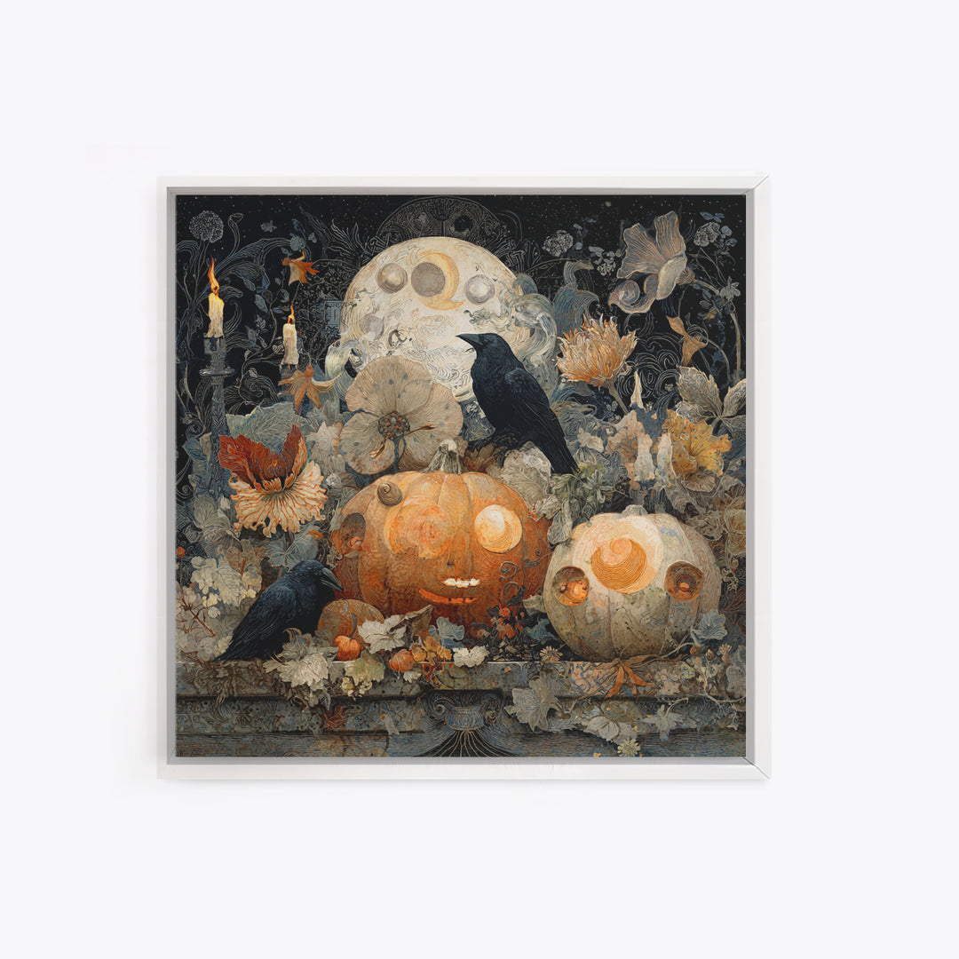 Pumpkins And Moon Phases, Symbolist Dream Art, Square Wall Art, Dark Halloween Decor, Framed Canvas Print, Halloween Wall Art