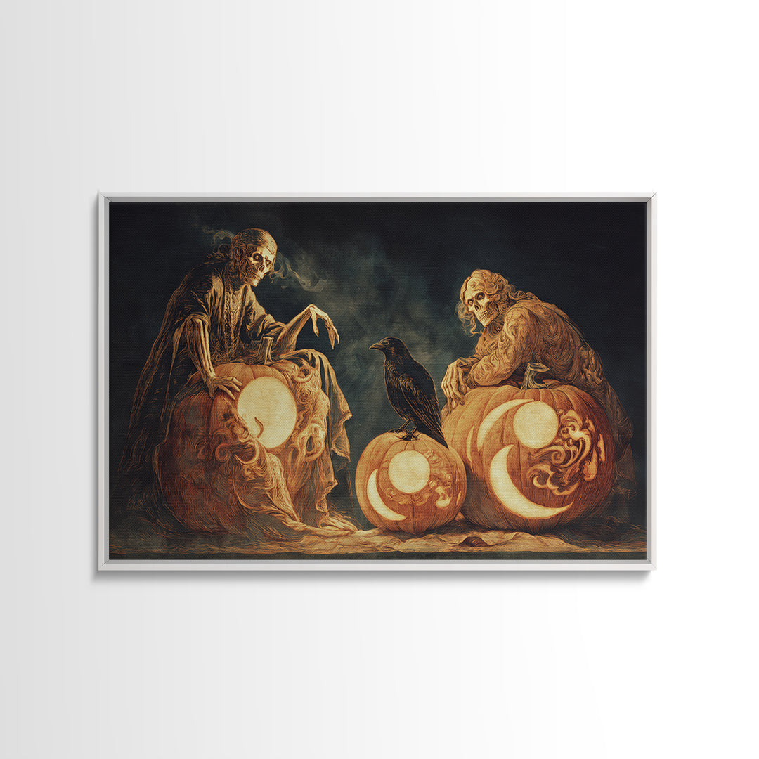 Pumpkins And Moon Phases, Decadent Gothic Art, Landscape Wall Art, Dark Fantasy Wall Art, Canvas Print, Halloween Wall Art
