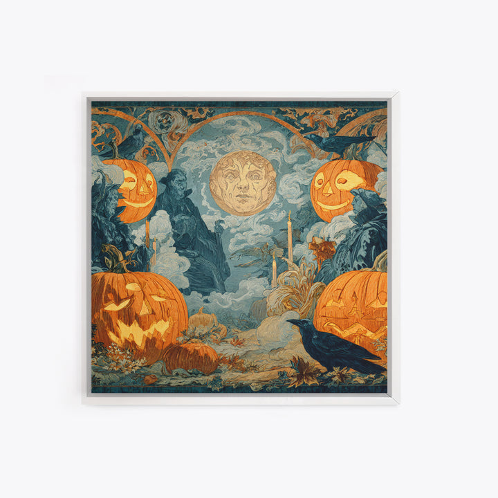 Pumpkins And Moon Phases, Symbolist Etching Art, Square Wall Art, Dark Fantasy Wall Art, Canvas Print, Halloween Wall Art