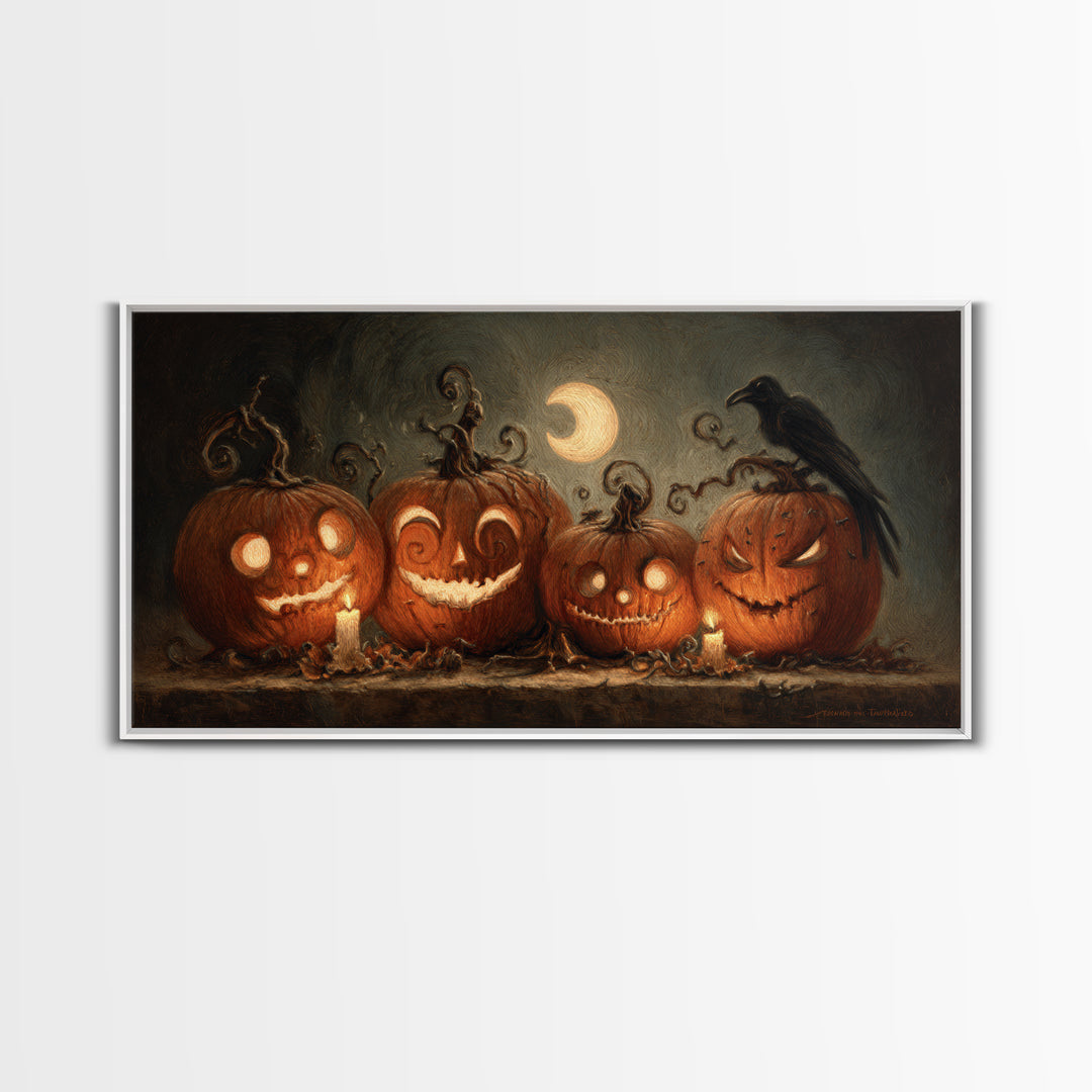 Pumpkins And Moon Phases, Expressionist Nightmare Art, Wide Panoramic Art, Dark Fantasy Wall Art, Framed Canvas Print, Halloween Wall Art