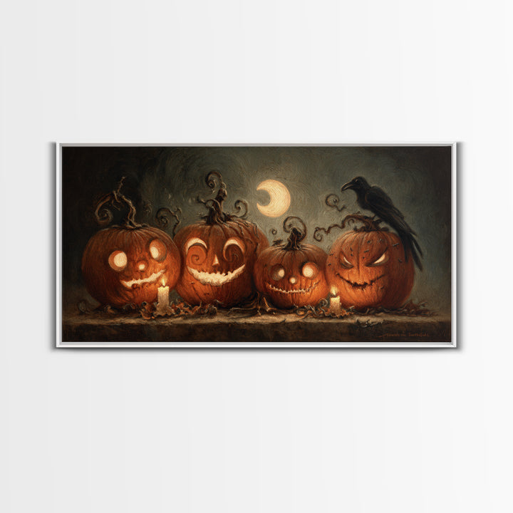 Pumpkins And Moon Phases, Expressionist Nightmare Art, Wide Panoramic Art, Dark Fantasy Wall Art, Framed Canvas Print, Halloween Wall Art