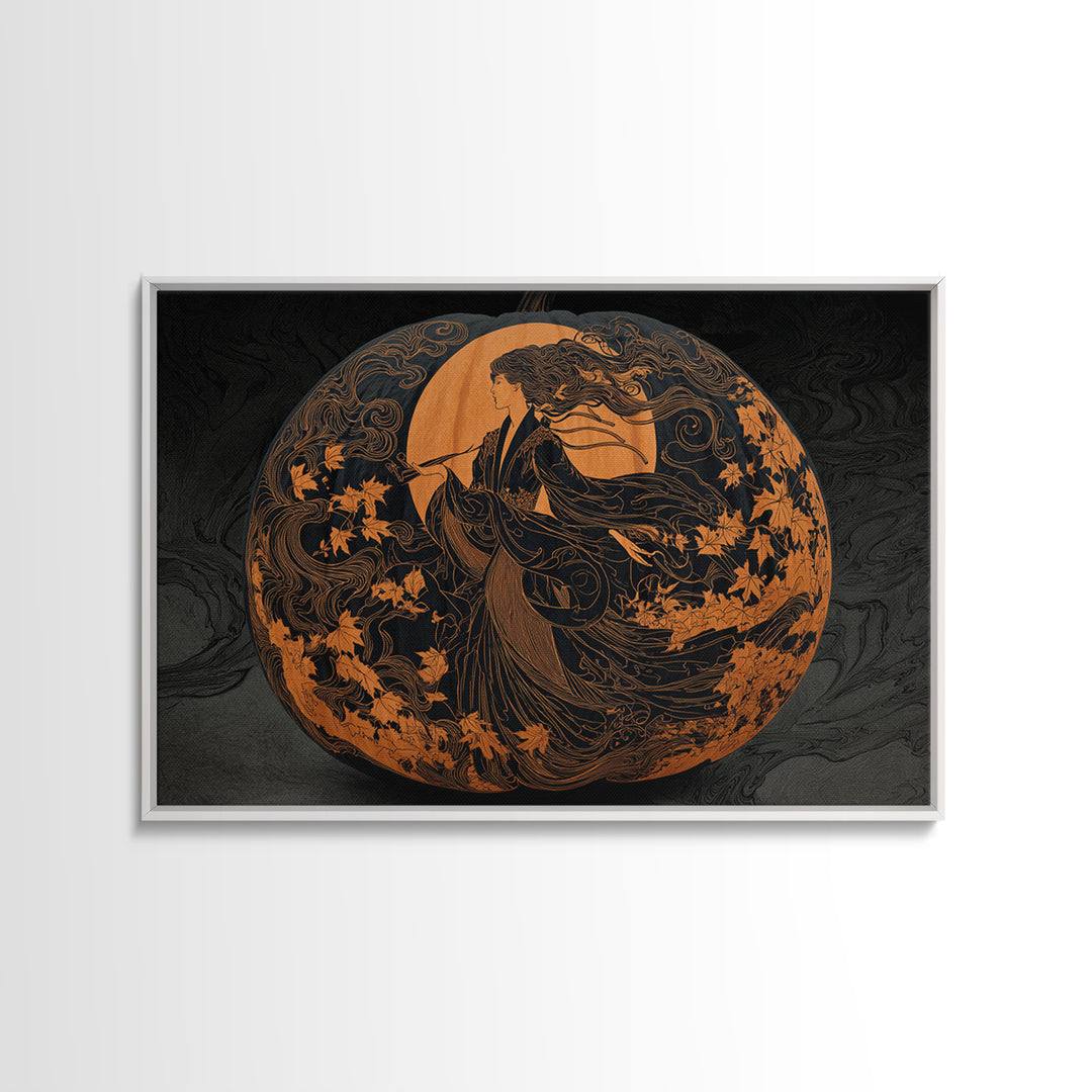 Pumpkins And Moon Phases, Decadent Line Art, Landscape Wall Art, Gothic Horror Wall Art, Canvas Print, Halloween Wall Art