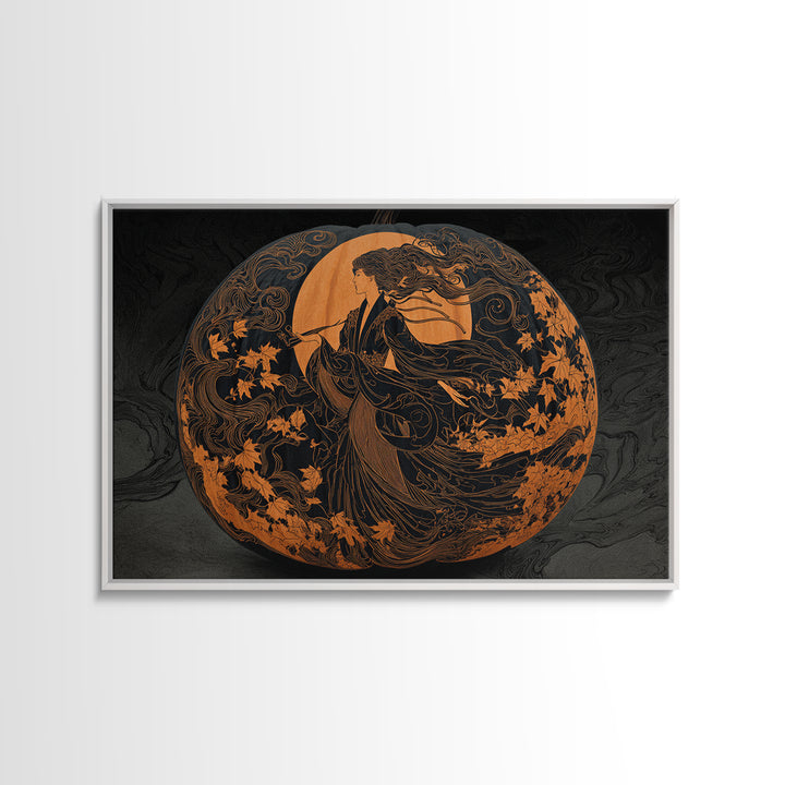Pumpkins And Moon Phases, Decadent Line Art, Landscape Wall Art, Gothic Horror Wall Art, Canvas Print, Halloween Wall Art