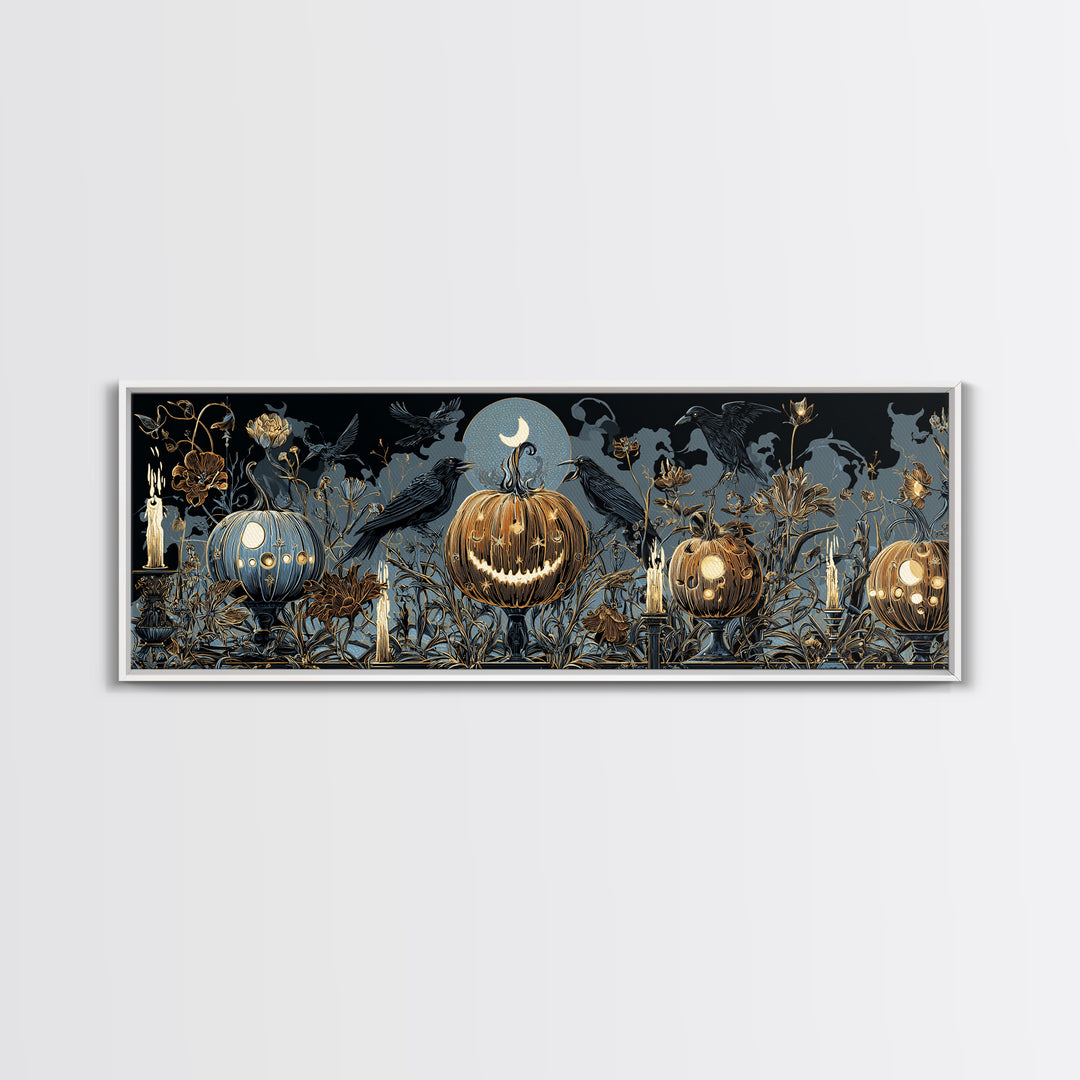 Pumpkins And Moon Phases, Stained Glass Gothic Art, Extra Wide Wall Art, Dark Fantasy Wall Art, Framed Canvas Print, Halloween Wall Art