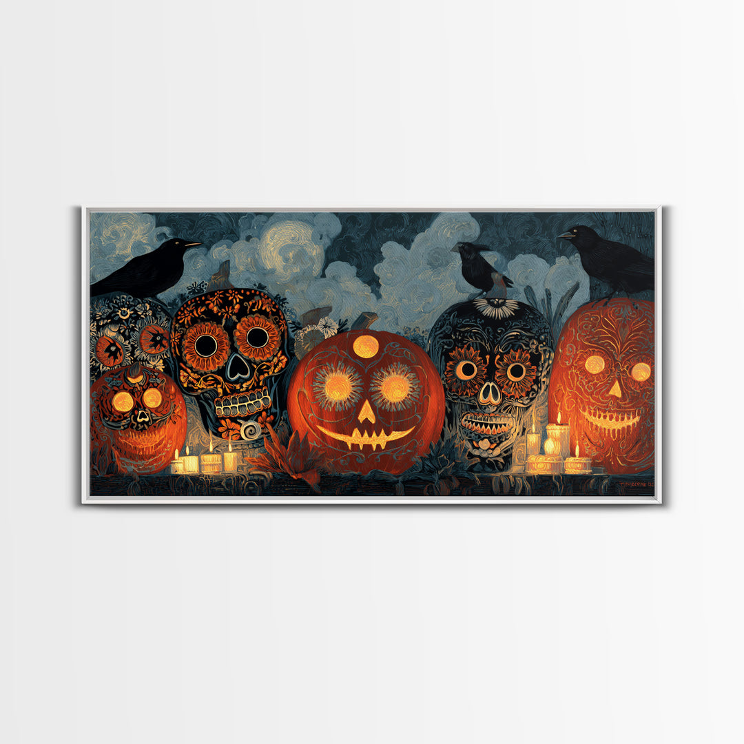 Pumpkins And Moon Phases, Macabre Folk Print Art, Wide Panoramic Art, Dark Fantasy Wall Art, Framed Canvas Print