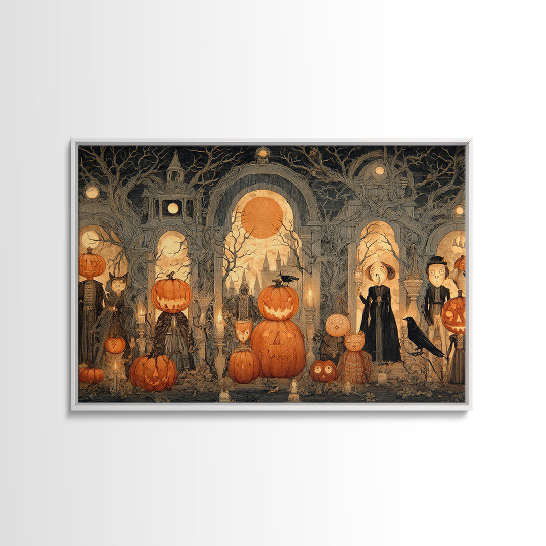 Pumpkins And Moon Phases, Victorian Macabre Art, Landscape Wall Art, Dark Halloween Decor, Framed Canvas Print, Halloween Wall Art