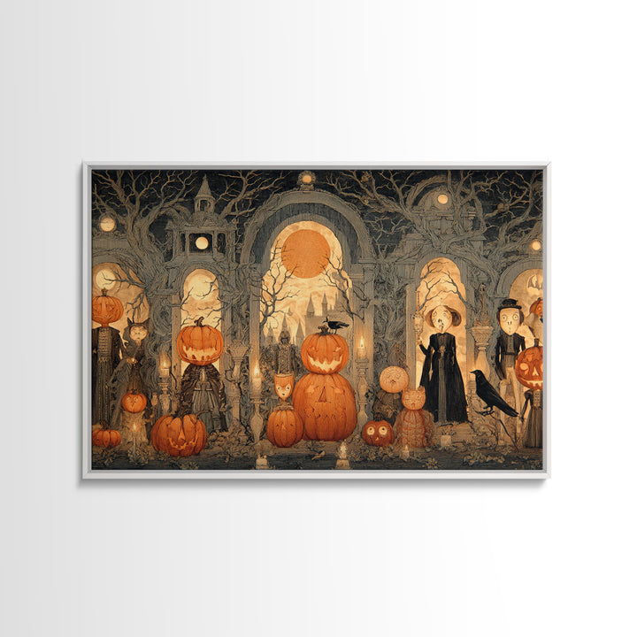 Pumpkins And Moon Phases, Victorian Macabre Art, Landscape Wall Art, Dark Halloween Decor, Framed Canvas Print, Halloween Wall Art
