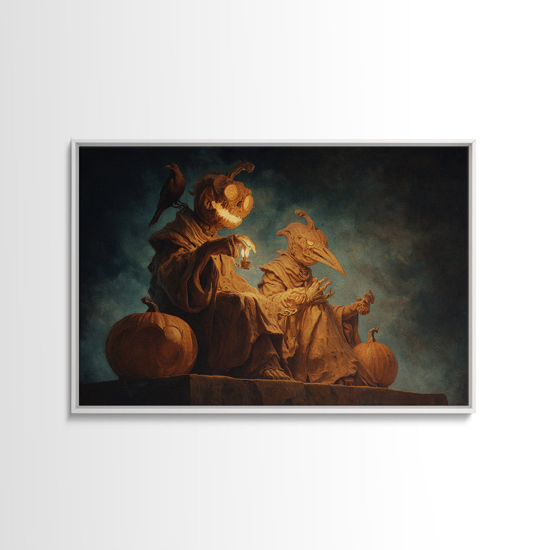 Pumpkins And Moon Phases, Surreal Apocalyptic Art, Landscape Wall Art, Macabre Wall Art, Framed Canvas Print, Halloween Wall Art