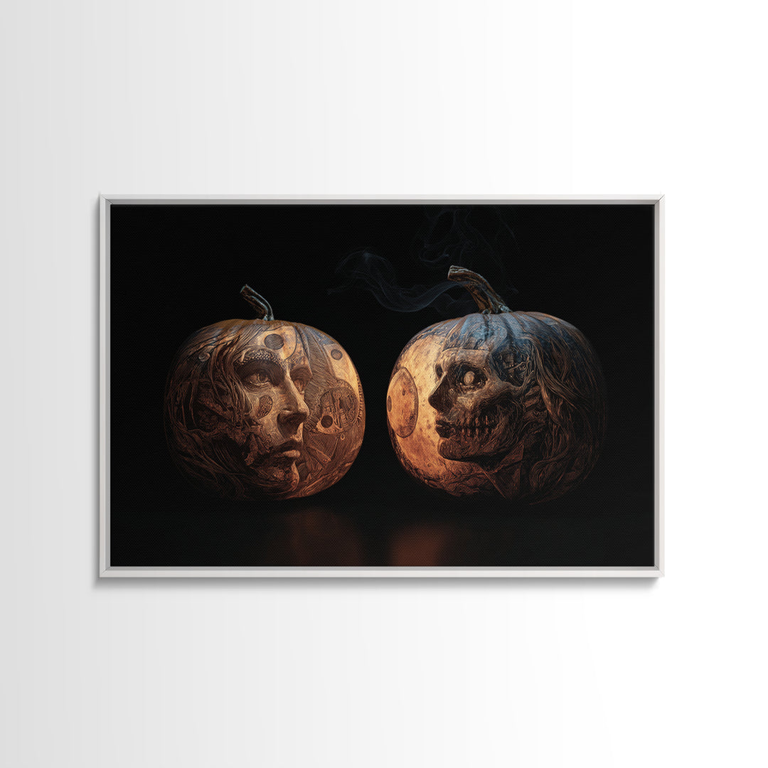 Pumpkins And Moon Phases, Biomechanical Horror Art, Landscape Wall Art, Gothic Horror Wall Art, Framed Canvas Print, Halloween Wall Art