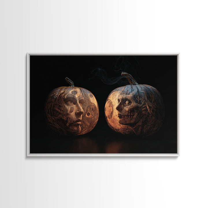 Pumpkins And Moon Phases, Biomechanical Horror Art, Landscape Wall Art, Gothic Horror Wall Art, Framed Canvas Print, Halloween Wall Art
