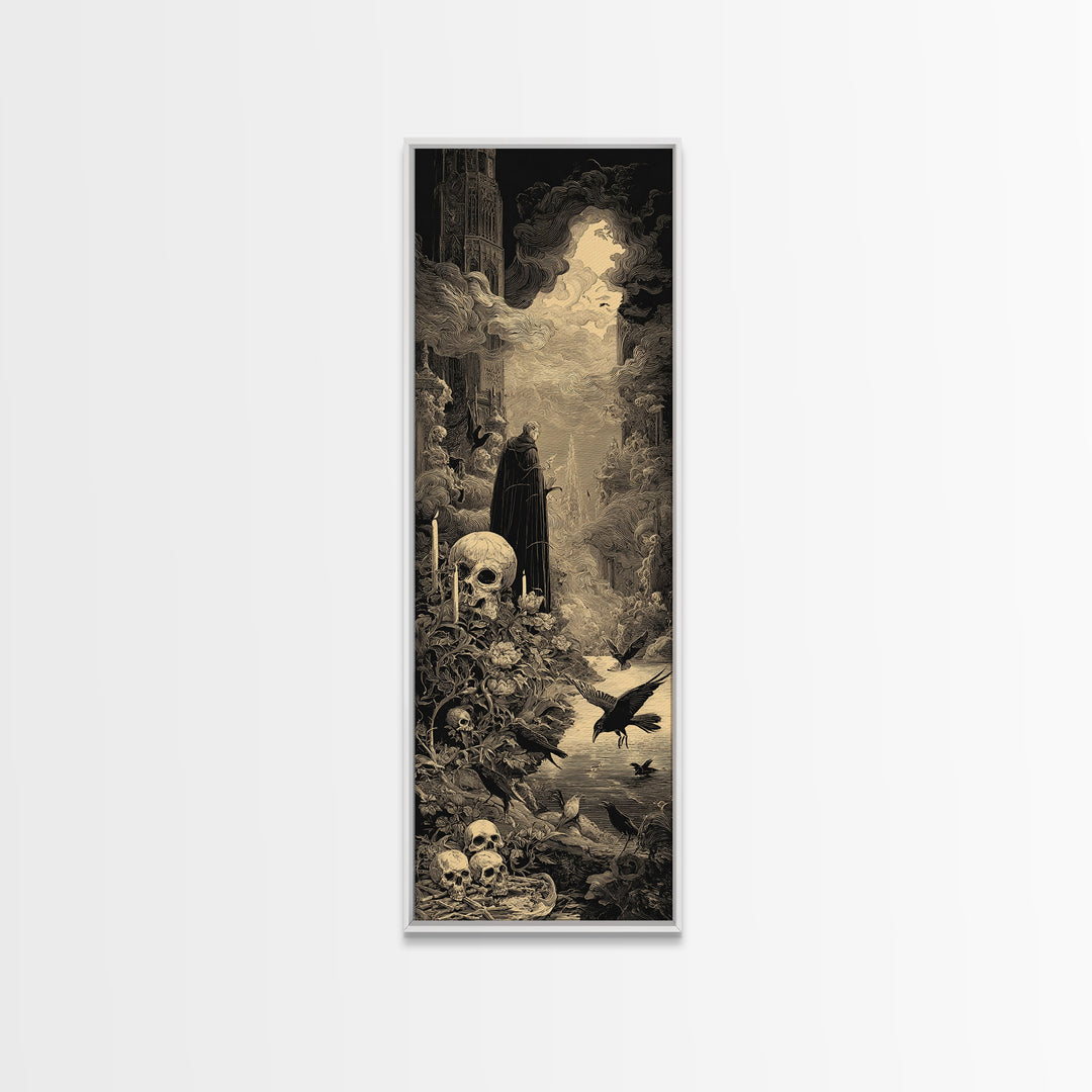 Skeletal Botanicals, Gothic Engraving Art, Tall Narrow Wall Art, Gothic Horror Wall Art, Framed Canvas Print, Halloween Wall Art