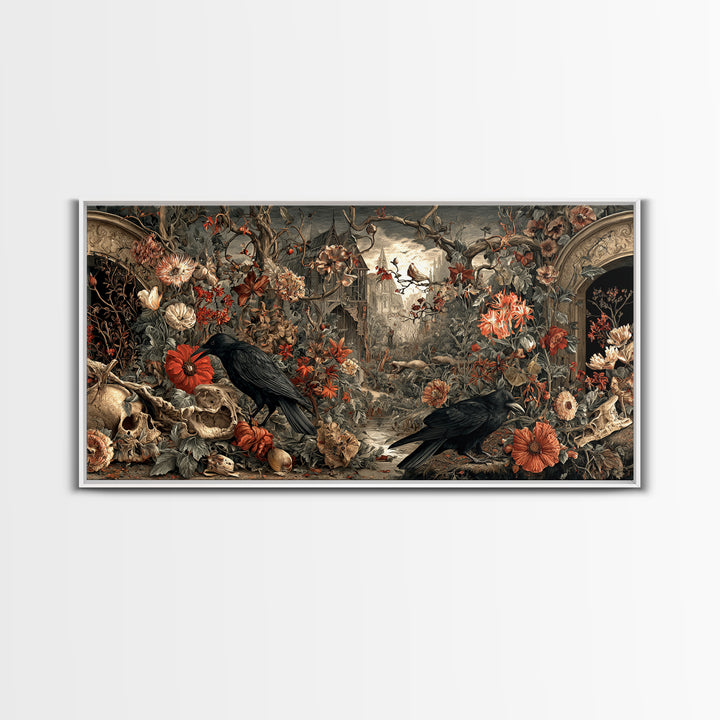 Skeletal Botanicals, Northern Renaissance Horror, Wide Panoramic Art, Dark Fantasy Wall Art, Framed Canvas Print, Macabre Wall Art