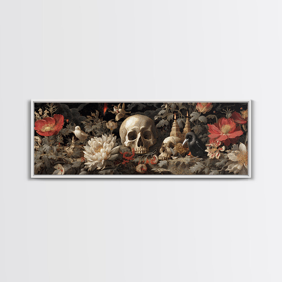 Skeletal Botanicals, Apocalyptic Romantic Art, Extra Wide Wall Art, Macabre Wall Art, Canvas Print, Halloween Wall Art, Halloween Decor