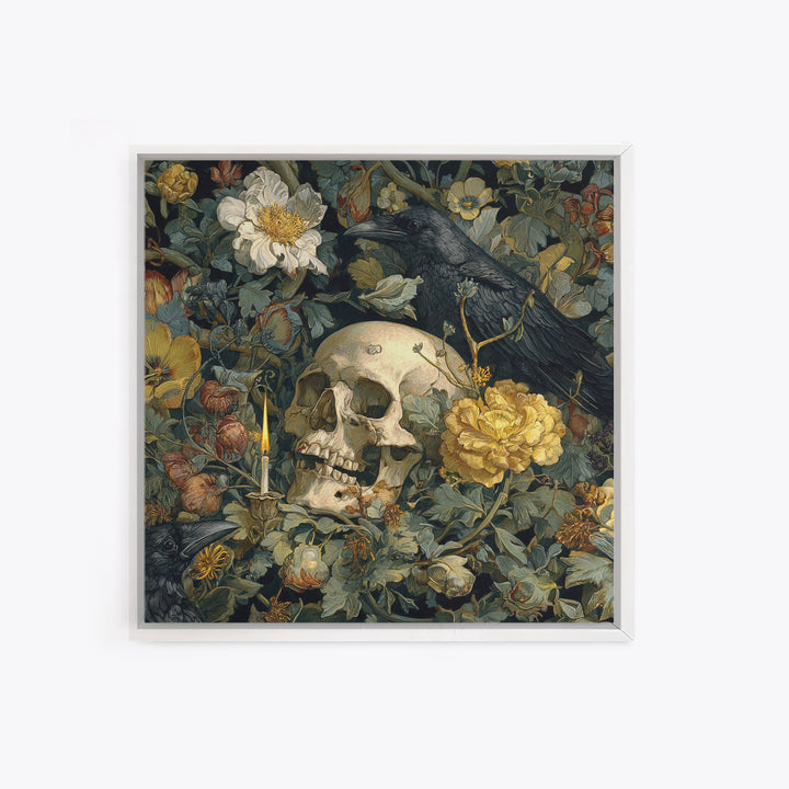 Skeletal Botanicals, Symbolist Etching Art, Square Wall Art, Macabre Wall Art, Framed Canvas Print, Halloween Wall Art, Halloween Decor