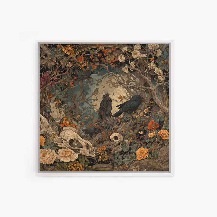 Skeletal Botanicals, Gothic Storybook Art, Square Wall Art, Macabre Wall Art, Framed Canvas Print, Halloween Wall Art