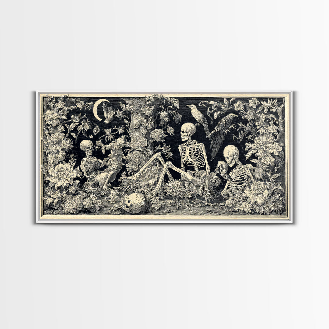 Skeletal Botanicals, Macabre Folk Print Art, Wide Panoramic Art, Gothic Horror Wall Art, Framed Canvas Print, Halloween Wall Art