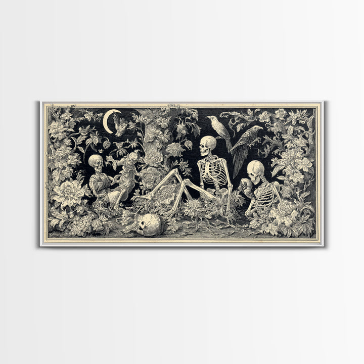 Skeletal Botanicals, Macabre Folk Print Art, Wide Panoramic Art, Gothic Horror Wall Art, Framed Canvas Print, Halloween Wall Art