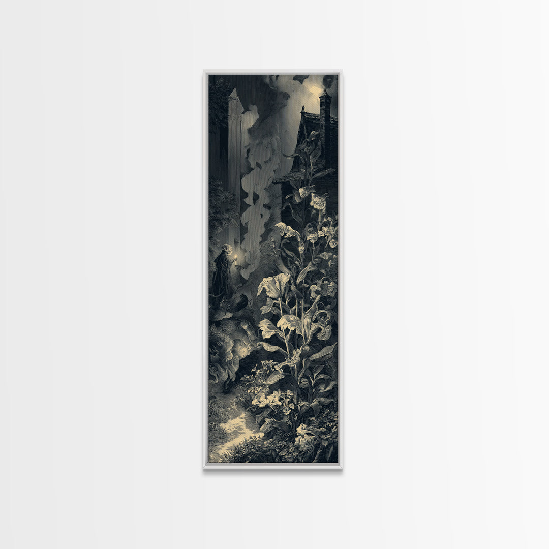 The Poison Garden, Gothic Engraving Art, Tall Narrow Wall Art, Dark Halloween Decor, Canvas Print, Halloween Wall Art