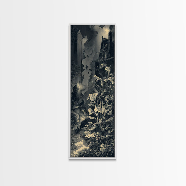 The Poison Garden, Gothic Engraving Art, Tall Narrow Wall Art, Dark Halloween Decor, Canvas Print, Halloween Wall Art
